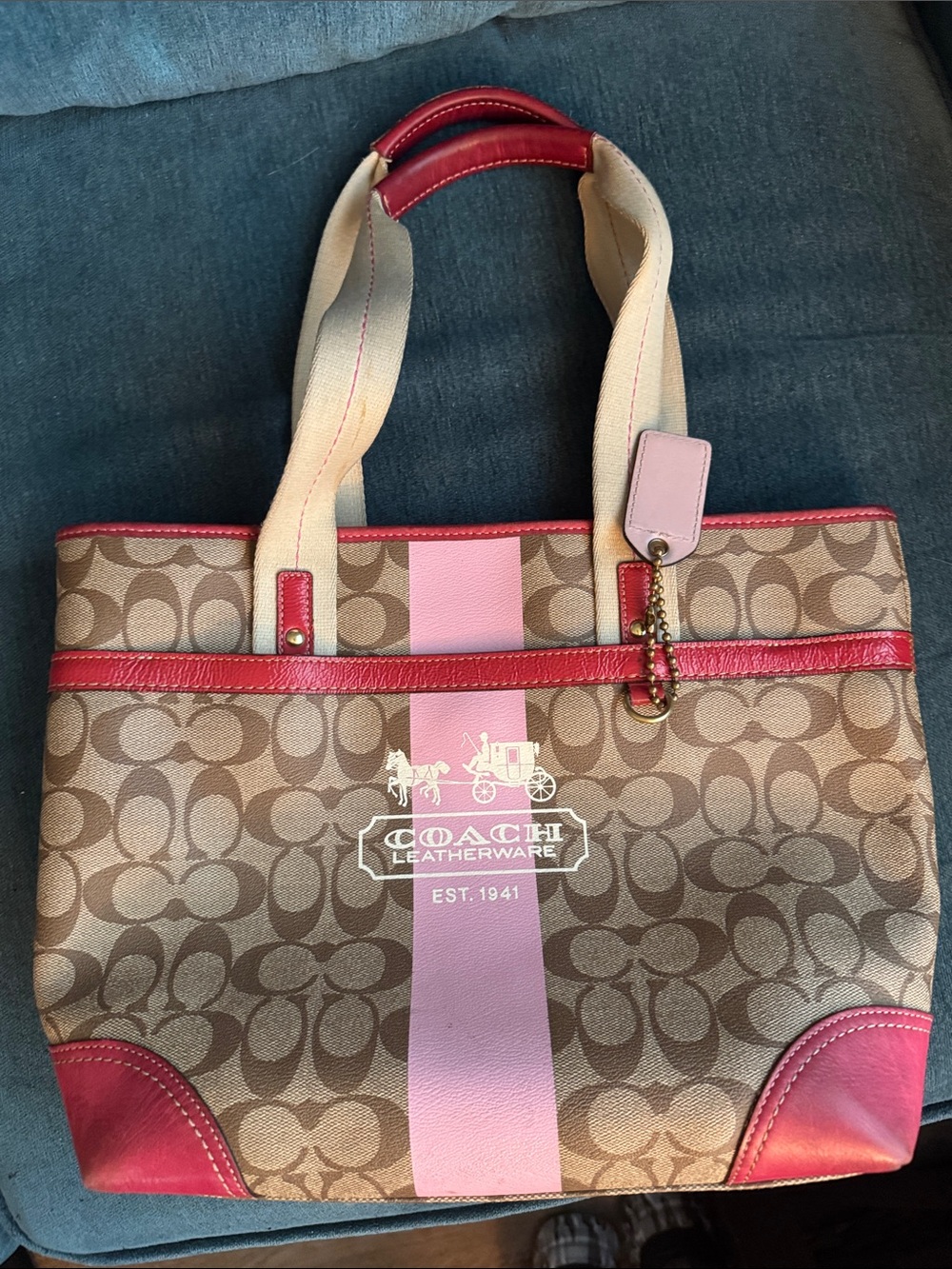 Coach Brown Signature Canvas Tote with Pink and Red Trim